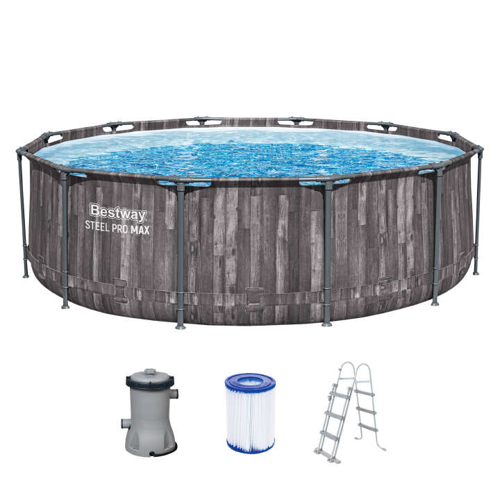 Bestway Steel Pro MAX™ Frame Pool-Set mit Filterpumpe Holz-Optik rund 366 x 100 cm